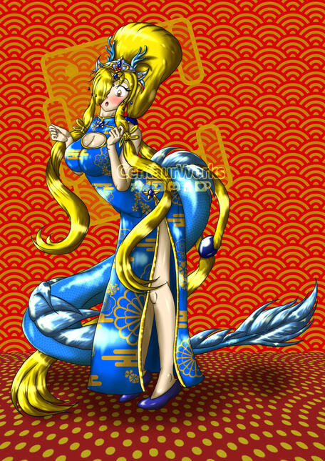 Claudia (my Original Character) in a Blue Chinese Dress while having Blue Dragon Horns and a Blue Chinese Dragon tail. She looks rather surprised.